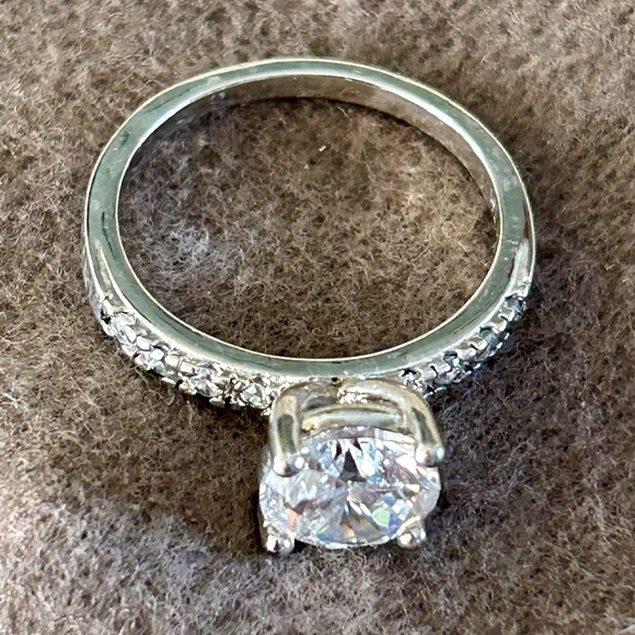 Silver Engagement Ring Large Round Cut Stone Set in 4 Prong Pave Setting Size 7 - Picture 6 of 16